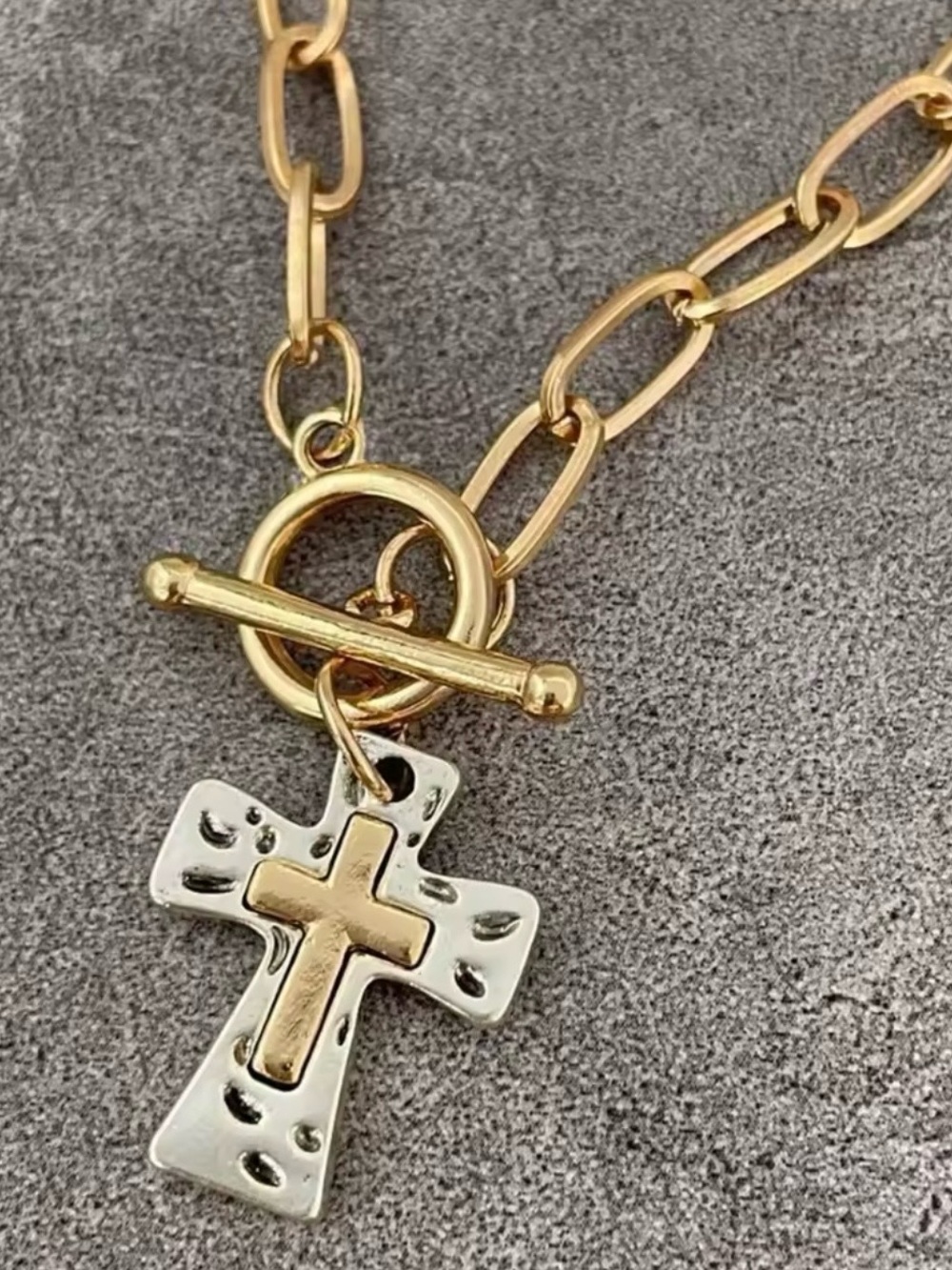 Gold Chain Necklace with Two-Tone Cross Pendant